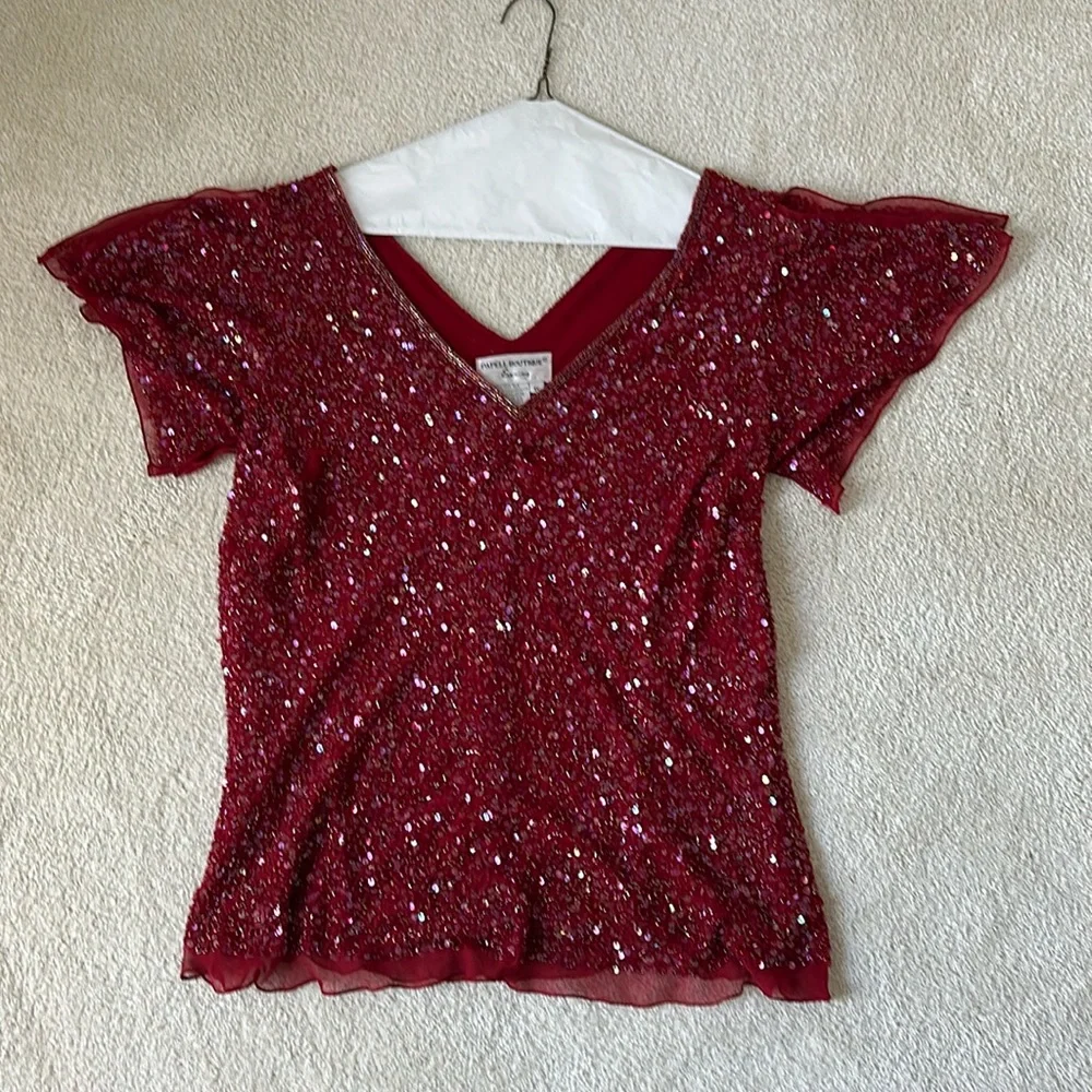 Vintage Papell Boutique Top 1X, Red Silk Embellished V Plunge, Flutter Sleeves - Picture 5 of 8